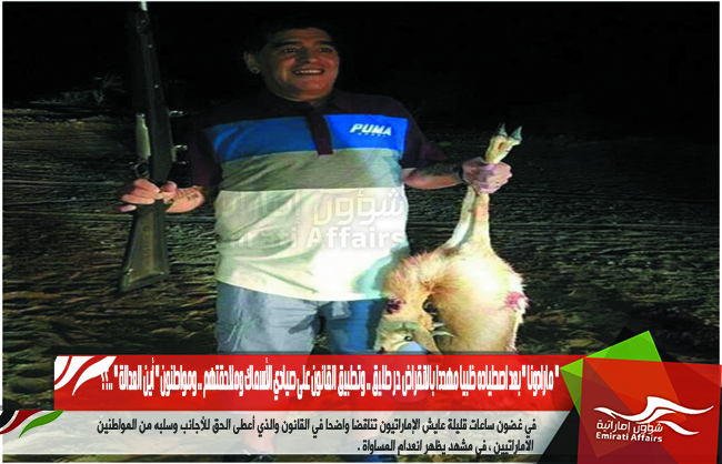 " مارادونا " بعد اصطياده ظبيا مهددا بالانقراض حر طليق .. وتطبيق القانون على صيادي الأسماك وملاحقتهم .. ومواطنون " أين العدالة " ..؟؟