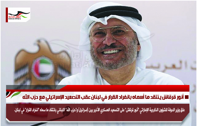 أنور قرقاش ينتقد ما أسماه بانفراد القرار في لبنان عقب التصعيد الإسرائيلي مع حزب الله