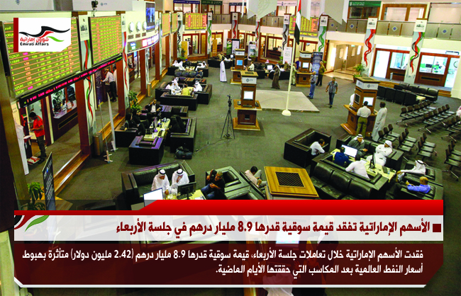 الأسهم الإماراتية تفقد قيمة سوقية قدرها 8.9 مليار درهم في جلسة الأربعاء
