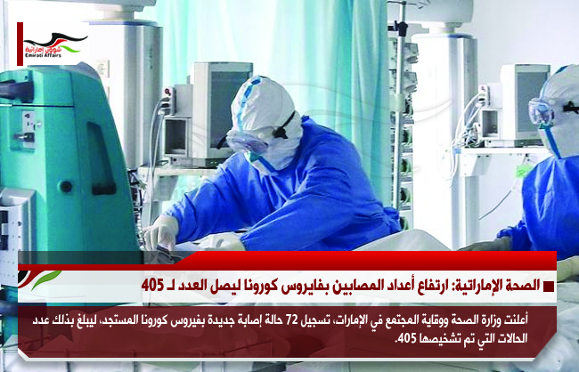 الصحة الإماراتية: ارتفاع أعداد المصابين بفايروس كورونا ليصل العدد لـ 405