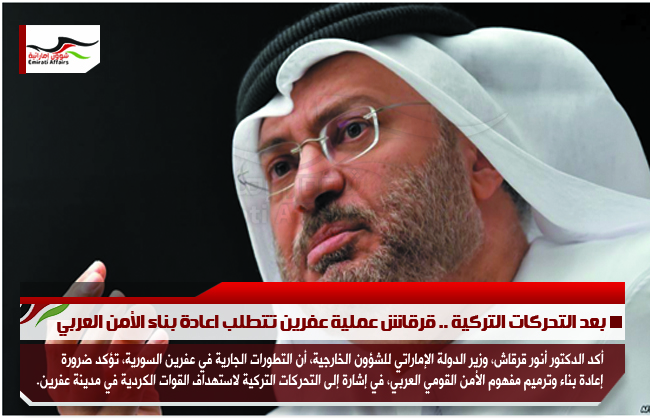 بعد التحركات التركية .. قرقاش عملية عفرين تتطلب اعادة بناء الأمن العربي