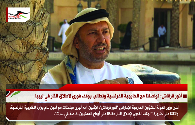 أنور قرقاش: تواصلنا مع الخارجية الفرنسية ونطالب بوقف فوري لاطلاق النار في ليبيا
