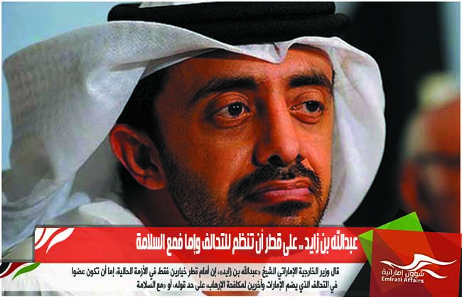 عبدالله بن زايد .. على قطر أن تنظم للتحالف وإما فمع السلامة