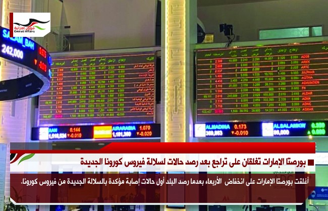 بورصتا الإمارات تغلقان على تراجع بعد رصد حالات لسلالة فيروس كورونا الجديدة